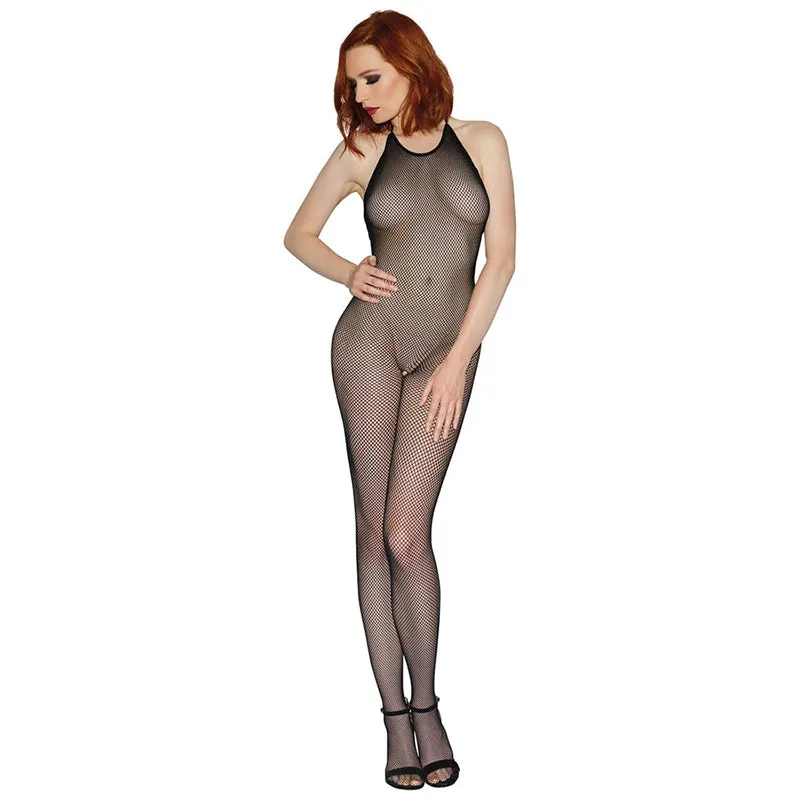 Dreamgirl Seamless Fishnet Bodystocking with Halter Neck. Open Crotch and Low Back Black OS