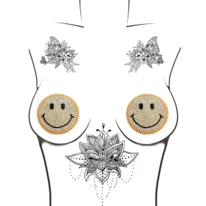 Neva Nude - Burlesque Smile Face Jewel Reusable Silicone Pasties Nipple Covers O/S (Gold)