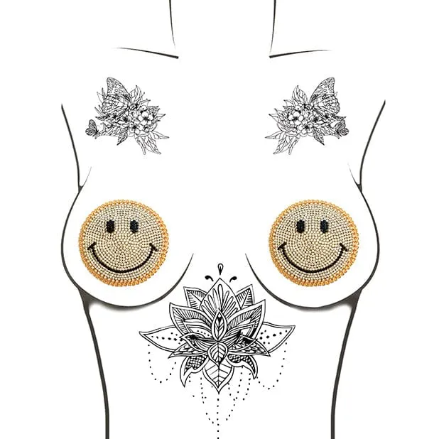 Neva Nude - Burlesque Smile Face Jewel Reusable Silicone Pasties Nipple Covers O/S (Gold)