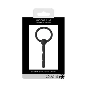 Ouch! Urethral Sounding Silicone Plug Ribbed With Ring Black 8 mm